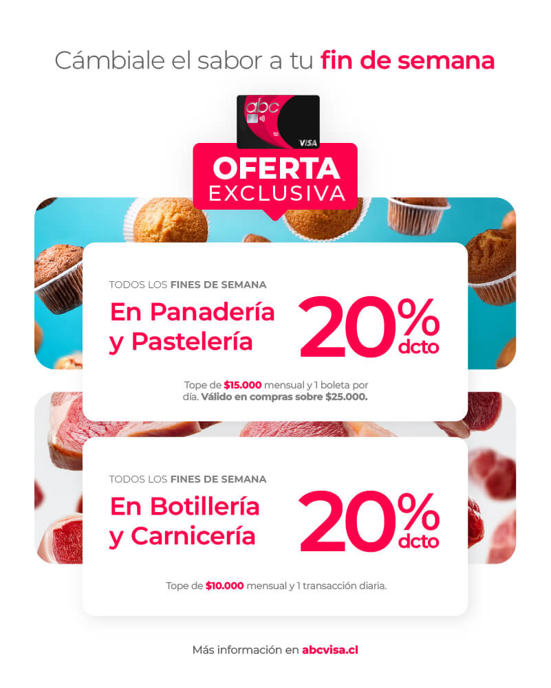 Solo x este fin de semana, 20% de dcto. en Panaderías y Pastelerías, y botillerías y carnicerías con tu abcvisa